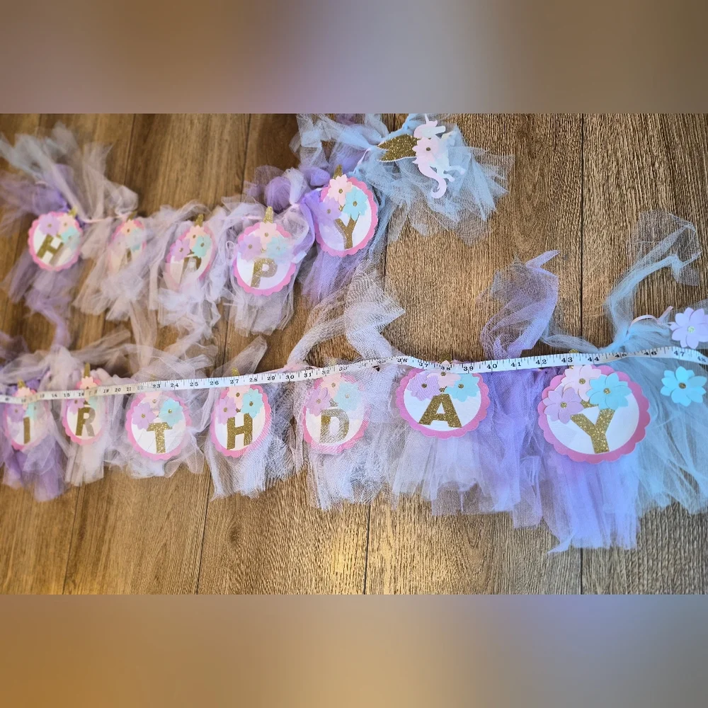 Hand Crafted Purple and White Tulle Unicorn Birthday Banner